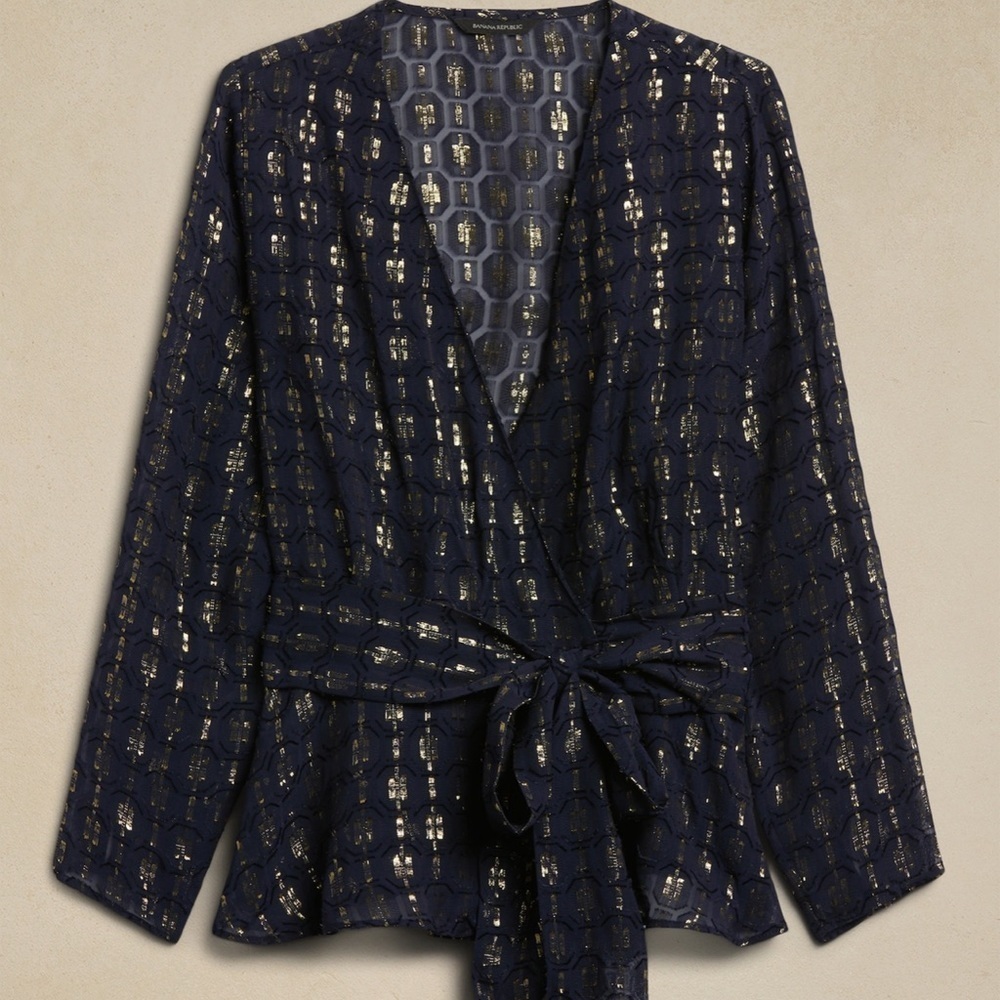 NWT Banana Republic Navy Aida Jacquard Wrap Top Size XXL​​​​​​​​